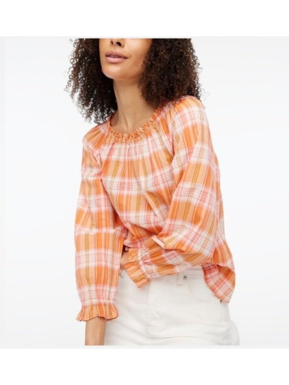 J. Crew Ruffle Tie Back Top XL Orange & Pink Plaid Cotton Top XL Cottagecore Boh